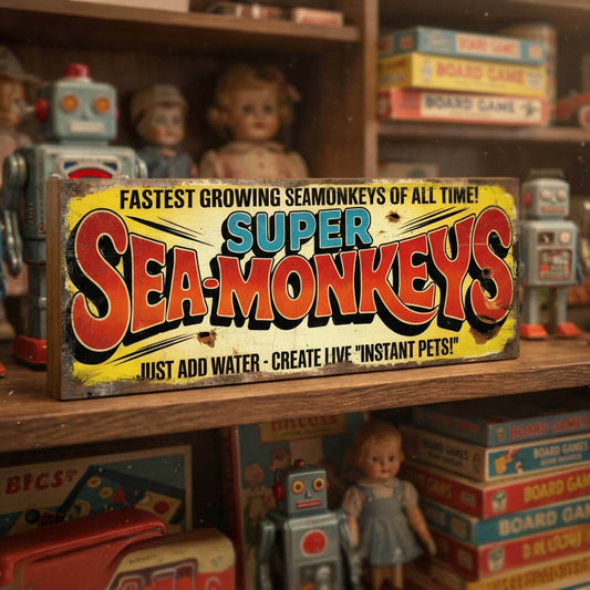 Rectangular vintage toy advert sign for Super Sea-Monkeys on 18mm MDF, featuring retro comic book graphics and heavy faux-distressed weathering.