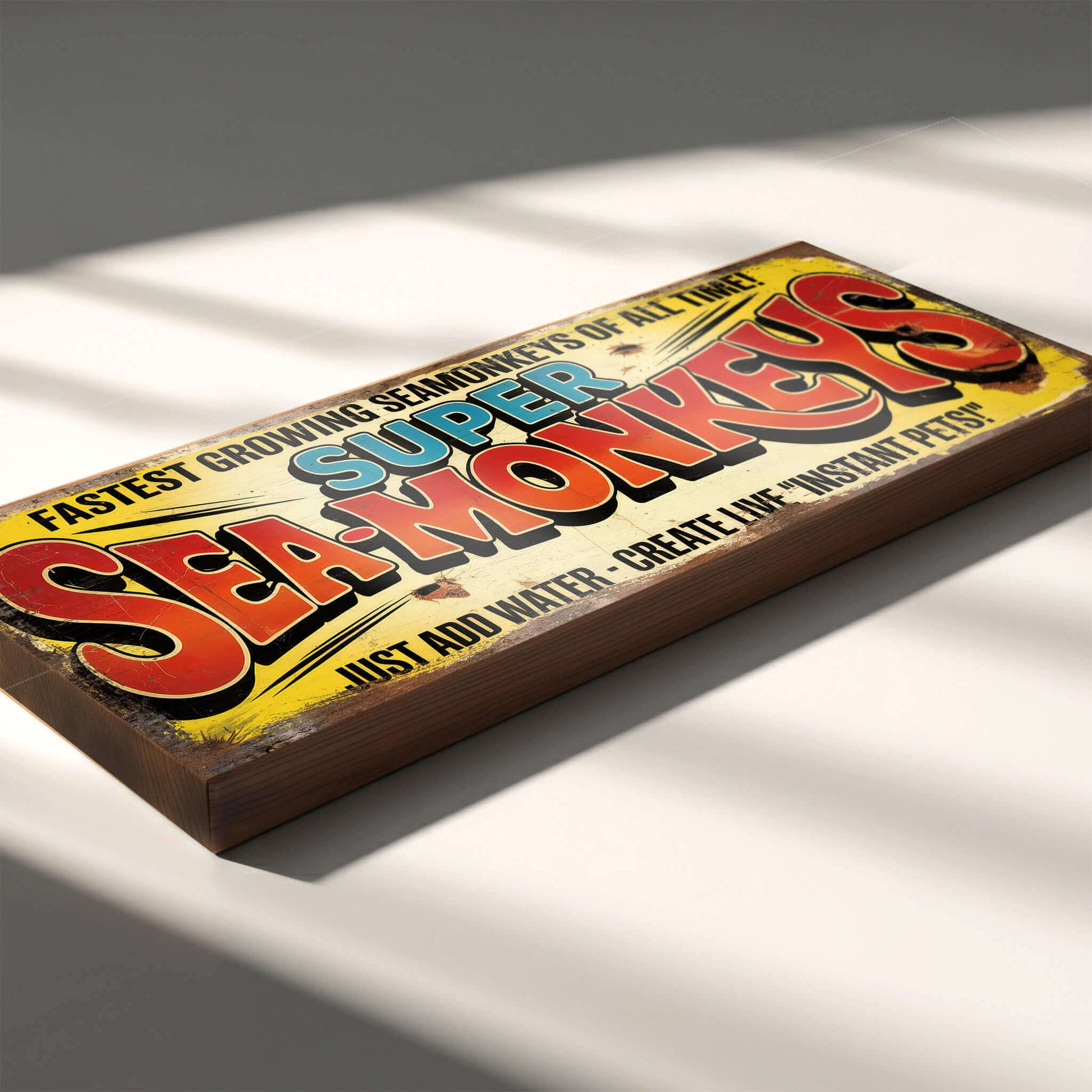Rectangular vintage toy advert sign for Super Sea-Monkeys on 18mm MDF, featuring retro comic book graphics and heavy faux-distressed weathering.