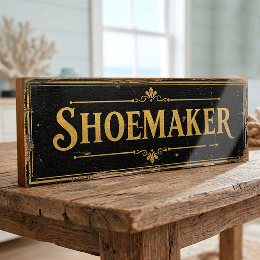 A rustic rectangular wooden sign with a distressed black background and gold lettering that reads “SHOEMAKER,” displayed on a weathered wooden table in a softly blurred indoor setting.