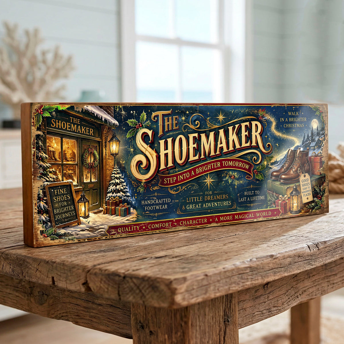 A rectangular decorative sign for 'The Shoemaker' sits on a rustic wooden table in a softly lit indoor setting. The sign features an illustrated winter scene with a shoemaker's workshop, stockings, a Christmas tree, lanterns, and large ornate lettering reading 'THE SHOEMAKER'.