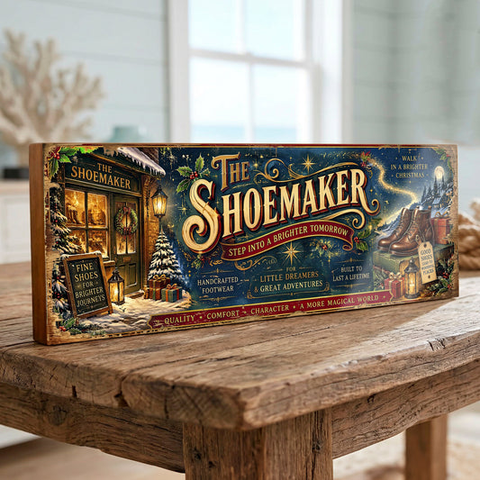 A rectangular decorative sign for 'The Shoemaker' sits on a rustic wooden table in a softly lit indoor setting. The sign features an illustrated winter scene with a shoemaker's workshop, stockings, a Christmas tree, lanterns, and large ornate lettering reading 'THE SHOEMAKER'.