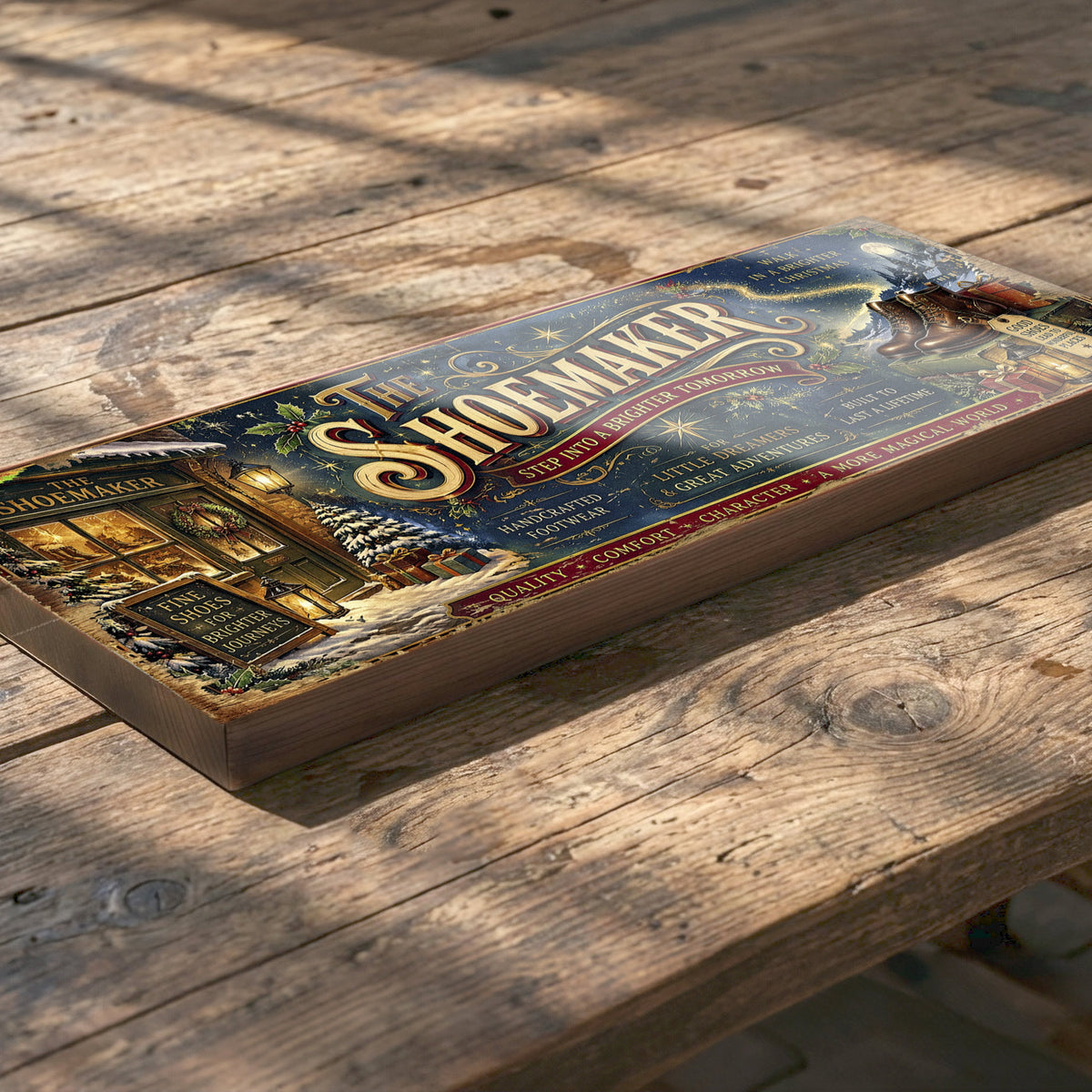 A rectangular wooden sign featuring the illustrated storefront and lettering of 'The Shoemaker' from The Wizard of Oz, displayed on a rustic wooden table with dappled sunlight.