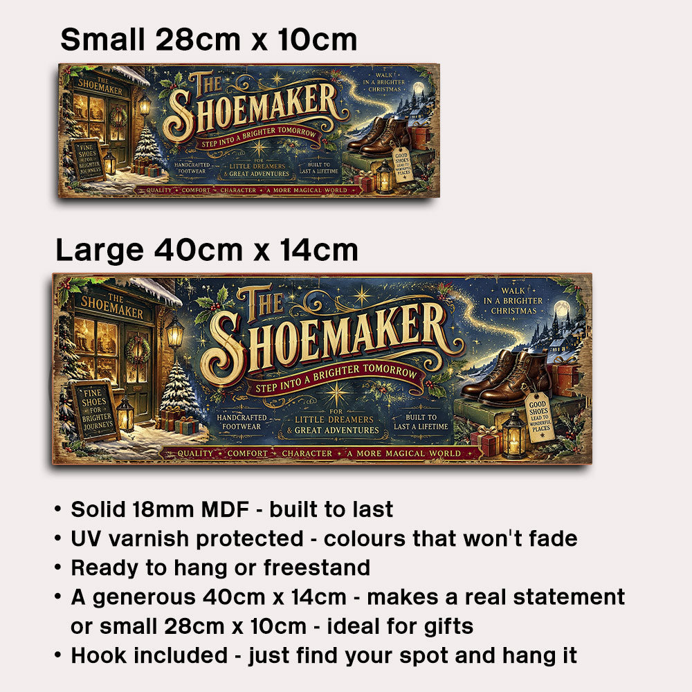 A product comparison graphic showing two versions of a decorative MDF sign for 'The Shoemaker' on a light gray background. The top version is labeled 'Small 28cm x 10cm' and the bottom version is labeled 'Large 40cm x 14cm'.