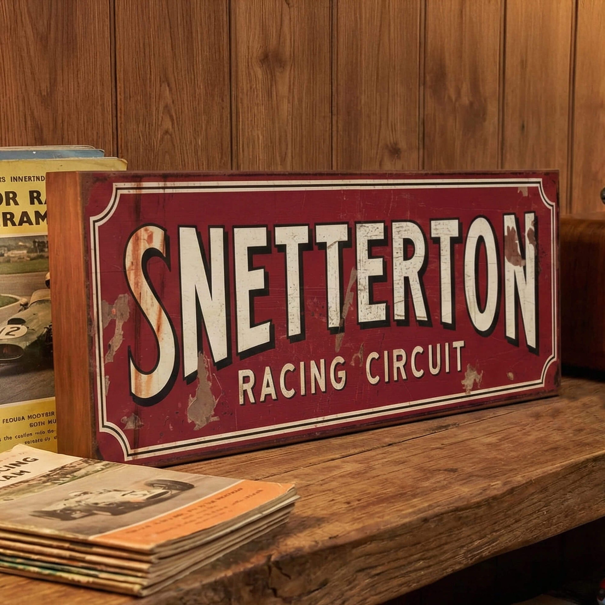 A rectangular crimson red sign on an 18mm MDF base with "SNETTERTON RACING CIRCUIT" in bold cream vintage lettering. The design features heavy integrated faux-rust and weathering effects.