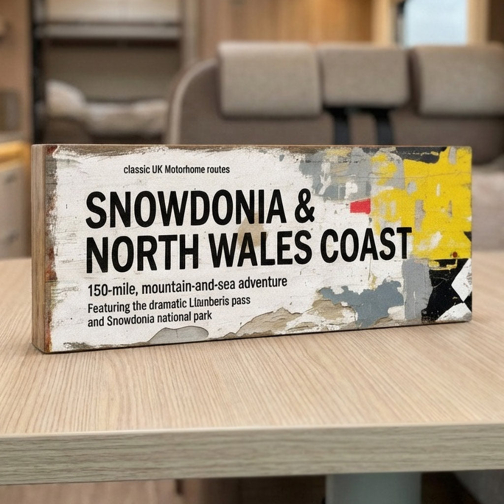 Rectangular vintage road sign for Snowdonia & North Wales Coast featuring Llanberis Pass and mountain-and-sea adventure details with a weathered retro aesthetic.