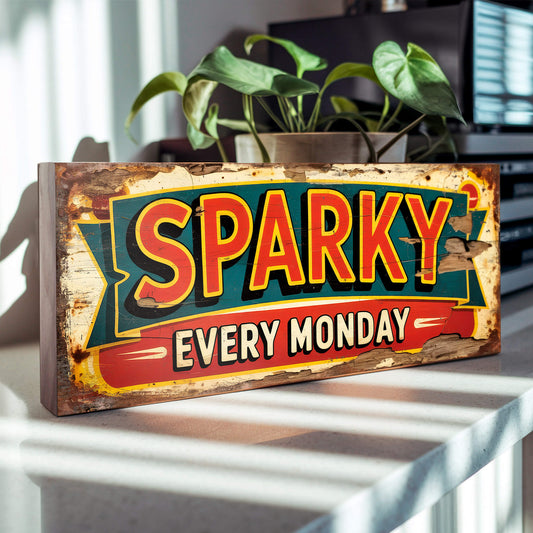 A rectangular vintage-style advertisement sign on 18mm MDF for the Sparky comic. The design features a teal ribbon banner and orange lettering on a red and yellow background with heavy faux-rust weathering.