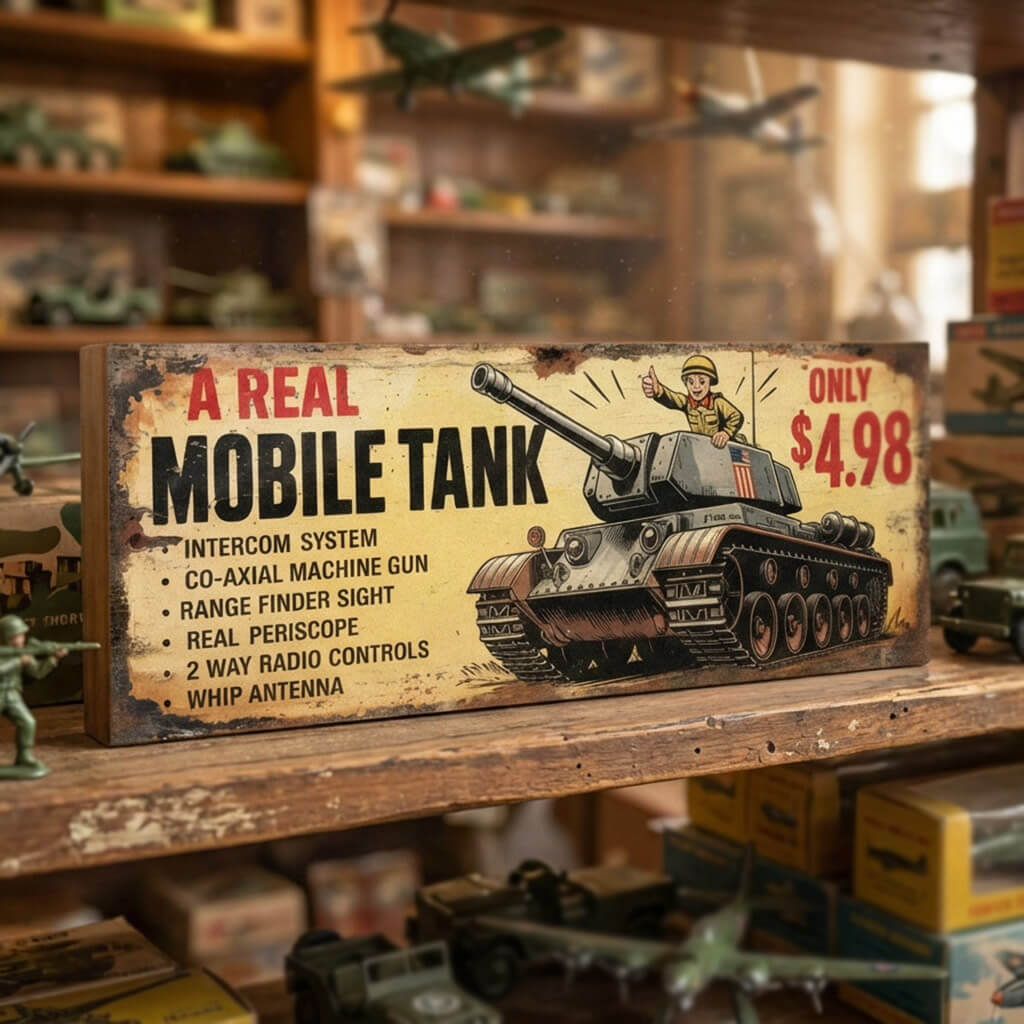 Rectangular vintage toy advert sign for A Real Mobile Tank on 18mm MDF, featuring retro tank graphics, technical feature list, and heavy faux-distressed weathering.