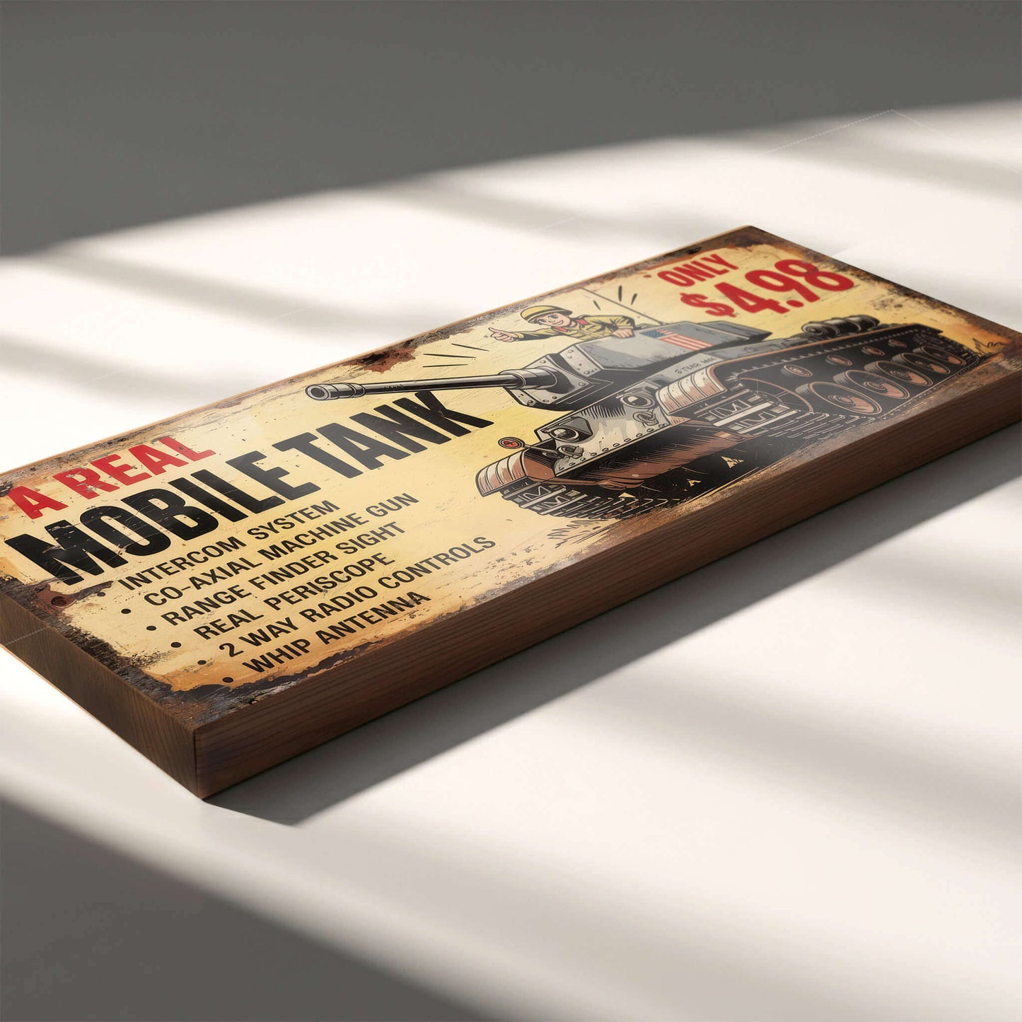 Rectangular vintage toy advert sign for A Real Mobile Tank on 18mm MDF, featuring retro tank graphics, technical feature list, and heavy faux-distressed weathering.