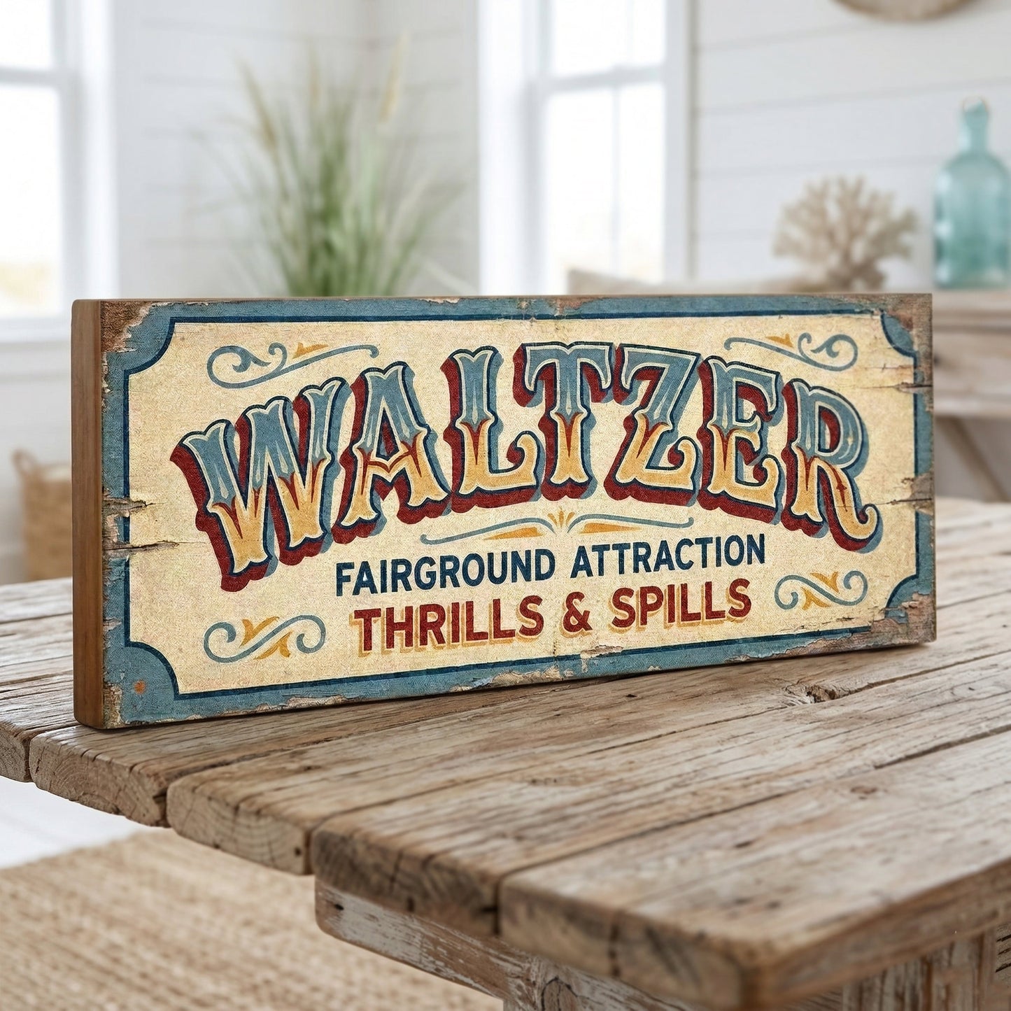Waltzer Fairground Attraction Thrills & Spills Vintage Sign