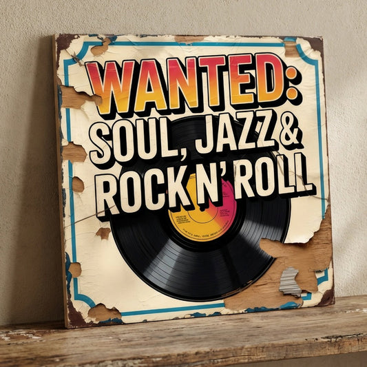 A square 31cm x 31cm vintage-style music sign on 9mm MDF with "WANTED: SOUL, JAZZ & ROCK N’ ROLL" text and a vinyl record graphic. Features a cream background with a blue border and heavy integrated faux-flaking paint and rust effects.