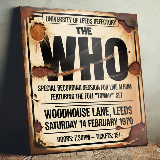 vintage-style concert sign on 9mm MDF for The Who at University of Leeds Refectory, February 1970. Features bold black typography on a cream background with heavy integrated faux-rust and cracked wall effects.