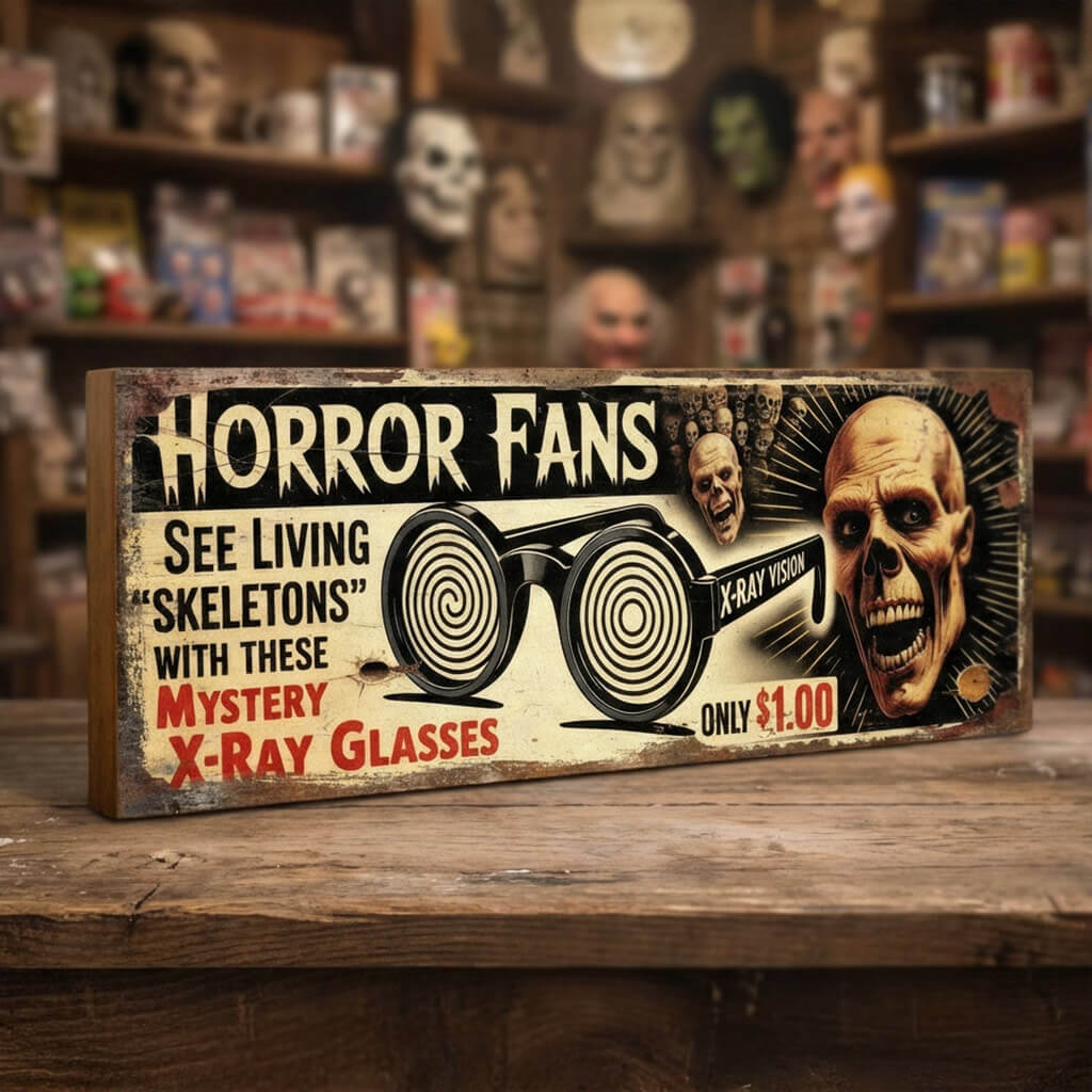 Rectangular vintage novelty sign for Horror Fans X-Ray Glasses on 18mm MDF, featuring spiral lens graphics, a skeleton, and heavy faux-distressed weathering.
