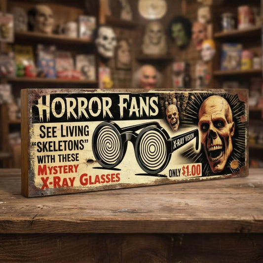 Rectangular vintage novelty sign for Horror Fans X-Ray Glasses on 18mm MDF, featuring spiral lens graphics, a skeleton, and heavy faux-distressed weathering.