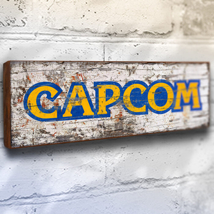 Capcom retro gaming logo wooden sign