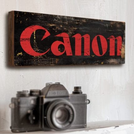 Canon Camera Wooden Sign, Red on Black,. Handmade vintage style camera shop display sign