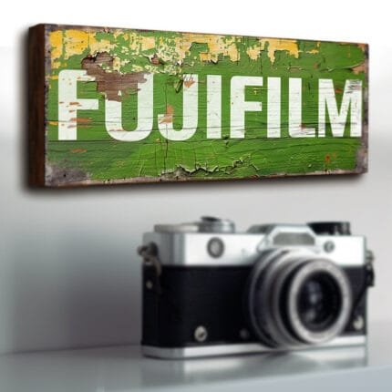 Fujifilm retro style camera shop wooden sign. Handmade wood shop sign