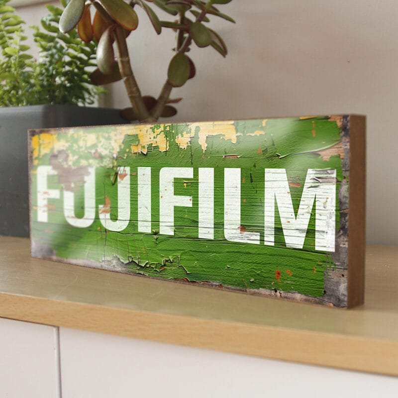 Fujifilm retro style camera shop wooden sign. Handmade wood shop sign