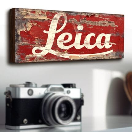 Leica camera shop sign. Handmade retro style wooden Leica logo sign.