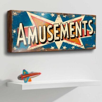 Retro Amusements wooden sign with decorative stars for funfair-themed decor