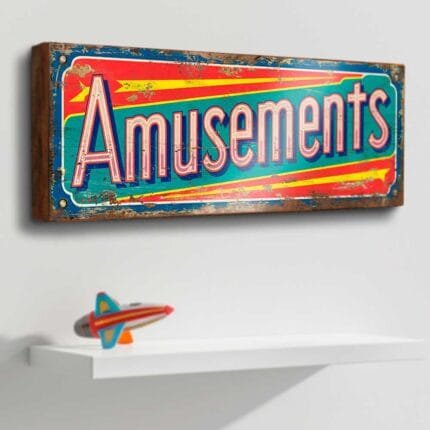 Retro Amusements wooden sign for vintage funfair-themed home decor