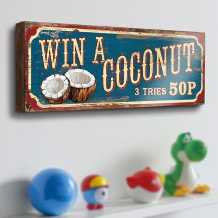 Retro coconut wooden sign for funfair-themed home decor