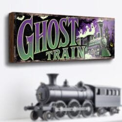 Retro Ghost Train wooden sign for haunted funfair-themed home decor