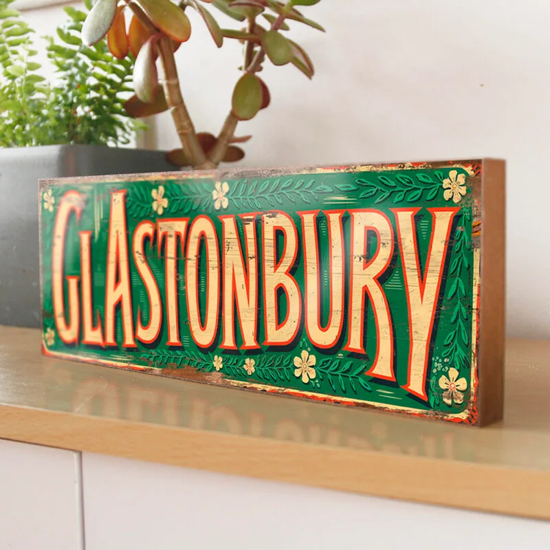 Glastobury vintage style wooden sign