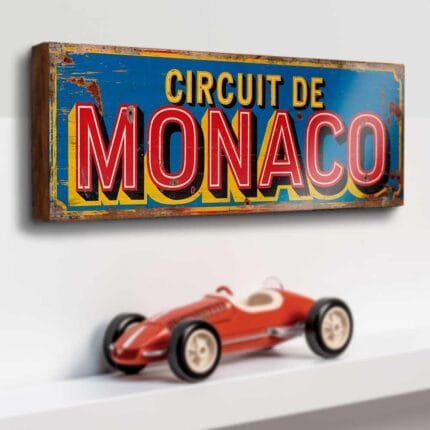 Retro Monaco Grand Prix wooden racing sign for motorsport-themed decor