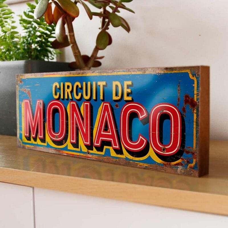 Retro Monaco Grand Prix wooden racing sign for motorsport-themed decor