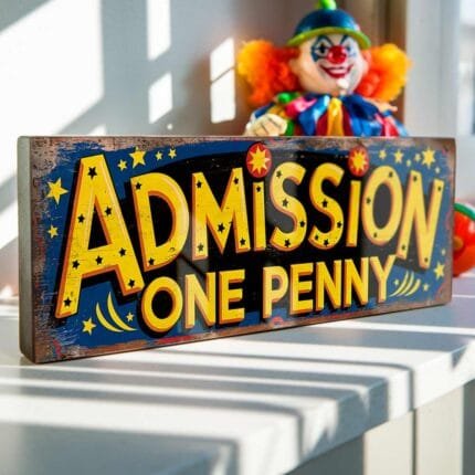 Retro Admission One Penny wooden sign for vintage fairground decor