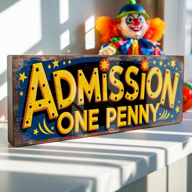 Retro Admission One Penny wooden sign for vintage fairground decor