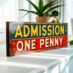 Retro Admission One Penny wooden sign for vintage funfair decor