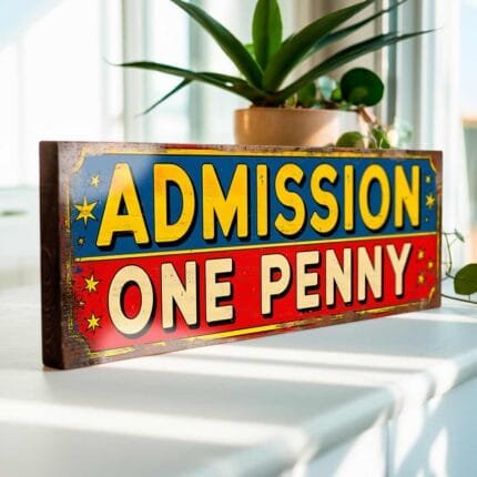 Retro Admission One Penny wooden sign for vintage funfair decor