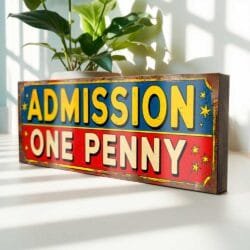 Retro Admission One Penny wooden sign for vintage funfair decor