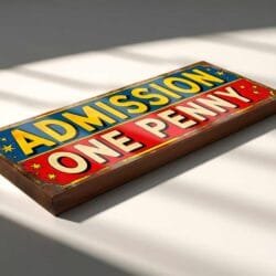 Retro Admission One Penny wooden sign for vintage funfair decor