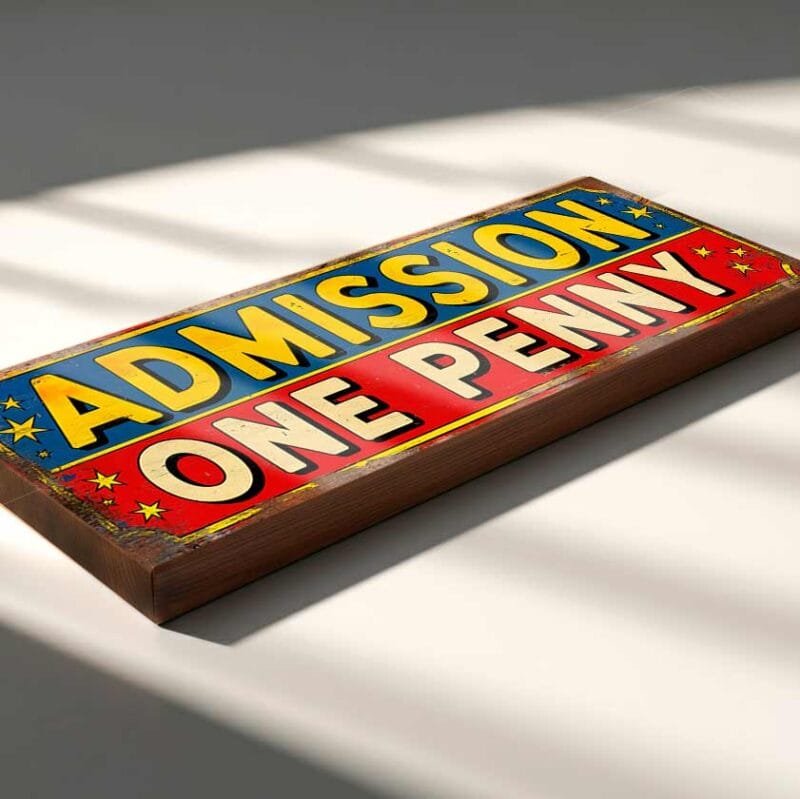 Retro Admission One Penny wooden sign for vintage funfair decor