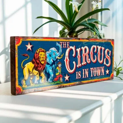 Retro Circus is in Town wooden wall sign for funfair-themed home decor